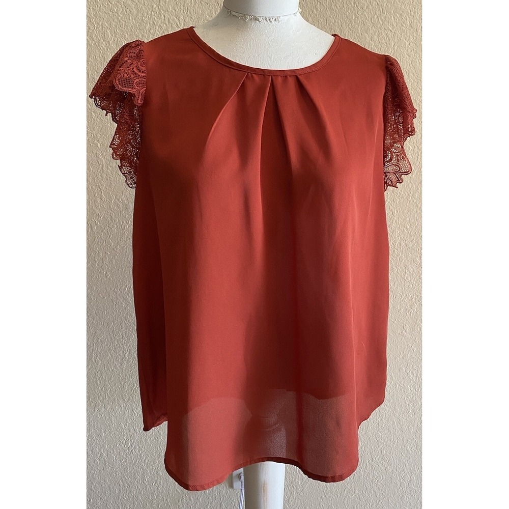 Reese Rust Lace Sleeve Blouse Top‎ Elegant Round Neck Sleeveless